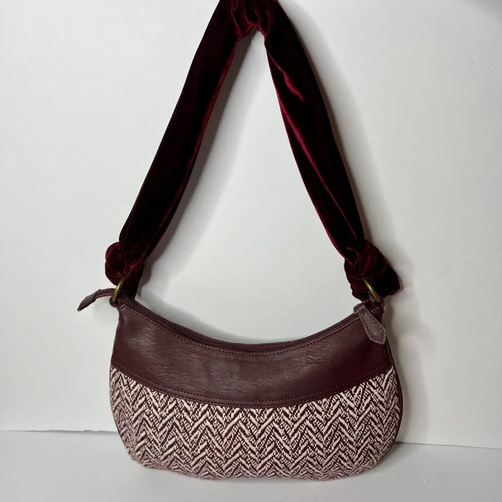 Oggi Hobo Shoulder Bag Purse Velvet Strap‎ Burgandy Chevron Tweed 70s Boho Indie